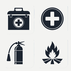 Design a solid black icon pack depicting various emergency and first aid symbols, including ambulance, fire extinguisher, cross, phone, etc.  High resolution, minimalist style.