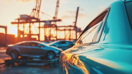 Close-up of cargo ship transporting brand new vehicles at sunset, with port cranes in distance. Automotive logistics, international shipping and global trade concepts.