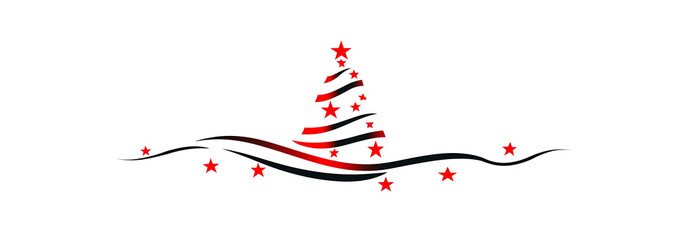 Logo, vector graphic line art, Christmas tree with red stars and curved lines on a white background, simple design, very minimalistic, simple style, simple logo for a business card, clean lines.