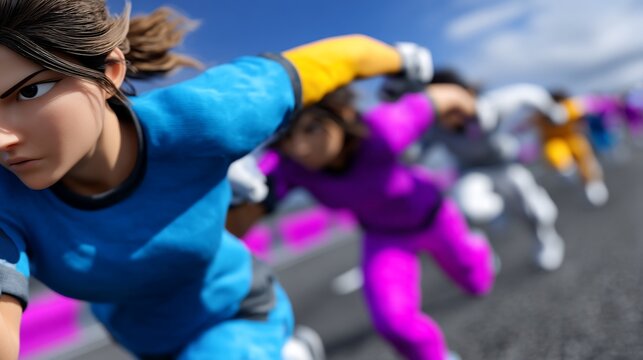 Animated female characters in a fast-paced race