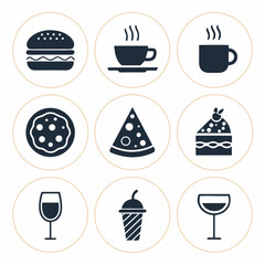 Design a solid black icon pack featuring various food and drink symbols.  Icons should be simple, easily recognizable, and suitable for app use.