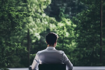 Rear view of a professional man in a white shirt sitting in a chair, thoughtfully looking out at a dense green forest, symbolizing a vision for sustainable business and work-life balance