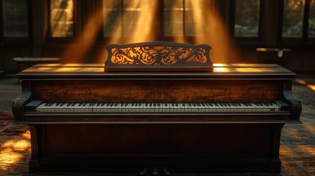 Sunbeams illuminate antique grand piano in a grand hall.