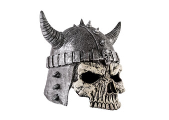 Human skull with horned helmet isolated on white background with clipping path
