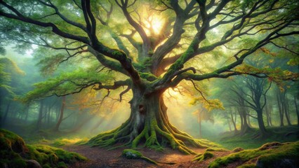 Obraz premium Ancient Tree of Enchanting Forest, Bathed in Golden Sunlight, Majestic Roots Embracing the Earth