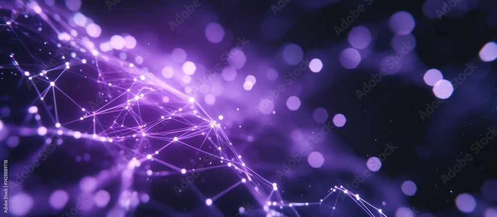 Poster abstract purple network mesh with glowing connections and bokeh lights representing technology innov