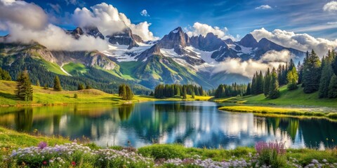 Fototapeta premium Serene Mountain Lake Reflecting Majestic Peaks Under a Sky of Puffy Clouds