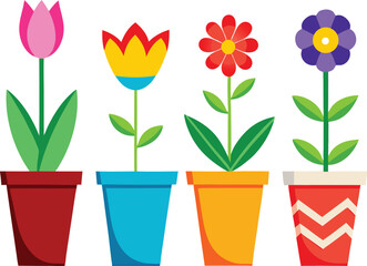 A set of colorful tulips and hyacinths in pots bloom with pink and yellow petals, bringing spring nature's floral beauty to a garden