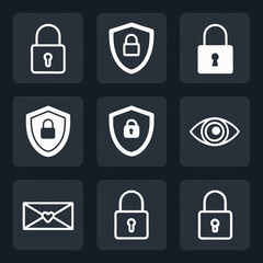 Design a solid black icon pack depicting various security and privacy concepts padlock, shield, firewall, user privacy, data protection, encryption, anonymity.