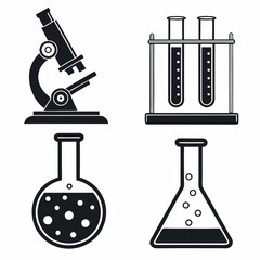 Design a solid black icon pack featuring scientific equipment and apparatus commonly found in a laboratory setting.  Include detailed, minimalist icons.