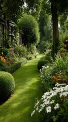 Obraz premium Lush garden pathway, greenery, trees, and blooming flowers