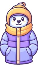 Obraz premium Cute polar bear cartoon wearing a purple winter jacket and orange hat