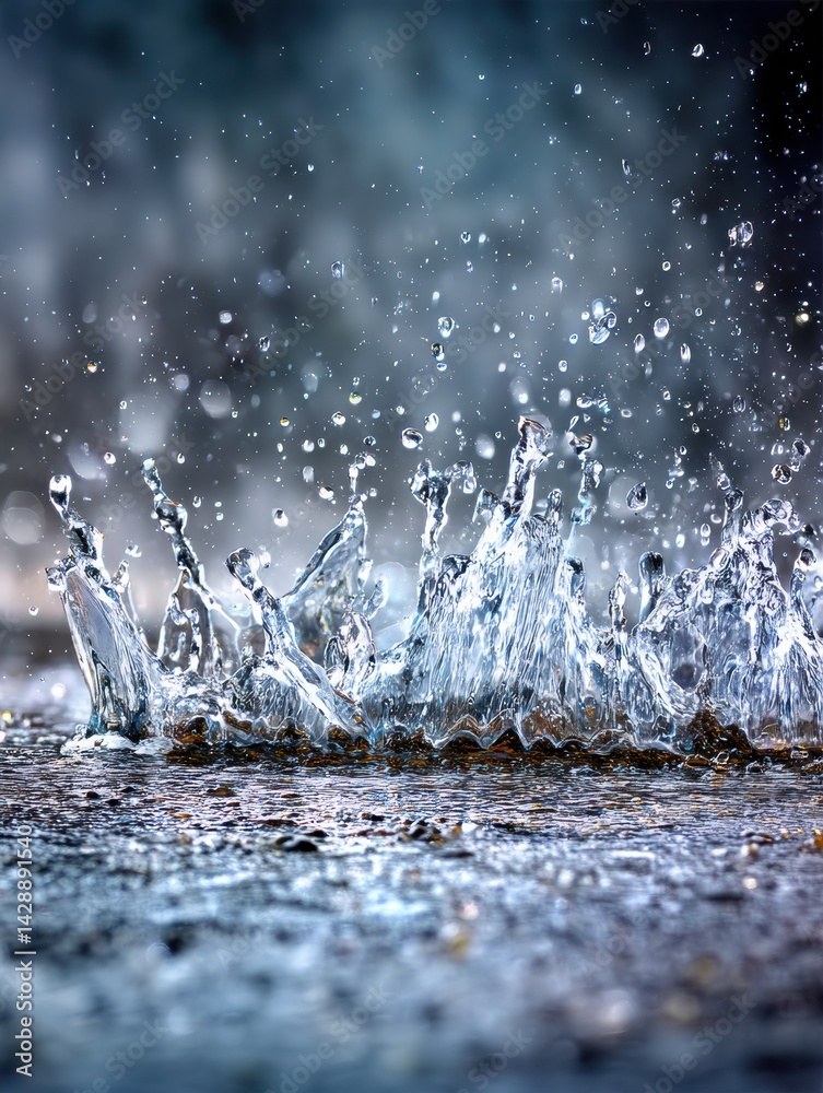 Poster dynamic close-up of a water splash captured mid-air showcasing intricate detail and shine in a natur