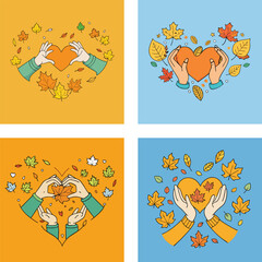 Autumn Love Handcrafted Illustration With Hearts And Colorful Falling Leaves Set