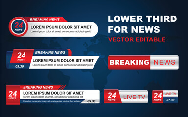 Lower third tv header, headline and news bars. Vector modern colorful red blue white. video title or television news bar isolated template.
