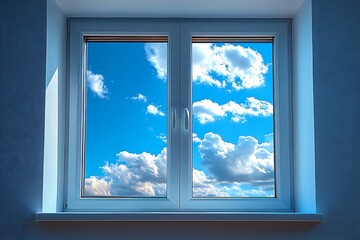 Obraz premium Interior White Framed Window View Of Sky With Clouds. Natural Light, Clean Design