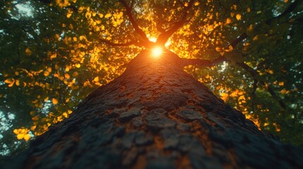 Low-angle view of sun shining through autumn leaves on a large tree trunk.