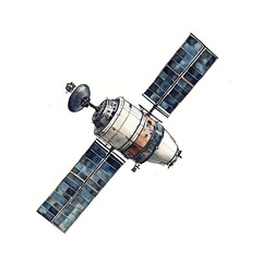 Detailed watercolor illustration of a satellite against a white background. The satellite is depicted with intricate detail, showing its solar panels, antenna, and main body. The colors are primarily