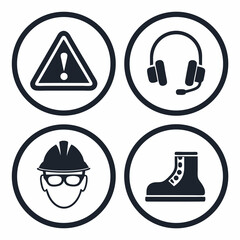 Design a solid black icon pack featuring various warning and safety symbols;  include icons for fire, hazard, biohazard, radiation, electricity, and first aid.