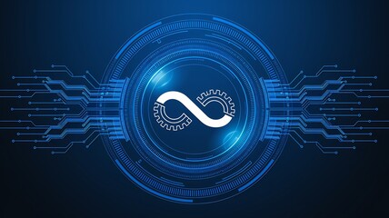 Obraz premium DevOps Symbol in Blue: The symbol of DevOps, elegantly rendered with a sleek design against a vibrant blue background, embodying the essence of continuous integration and development.