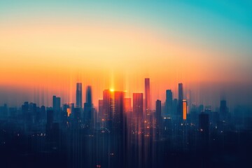 Fototapeta premium Abstract cityscape silhouette with soft sunset gradient blending orange and blue hues