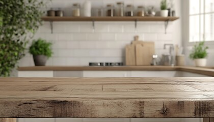 Rustic Wooden Tabletop with Modern White Kitchen Background for Food Photography