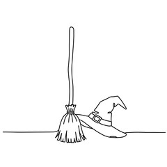 Halloween witch hat and broomstick line art illustration  