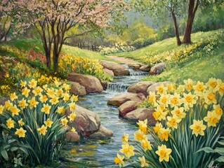 Fototapeta premium Tranquil Stream Flowing through a Meadow of Daffodils Surrounded by Lush Trees and Green Hills