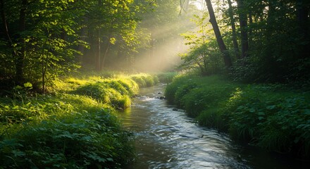 Fototapeta premium Sunlit Stream Through the Woods: A tranquil scene, a gentle stream meanders through a verdant forest, kissed by sunlight streaming through the canopy.