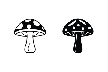 Two Amanita Mushrooms With Spots In Outline And Solid Silhouette Style