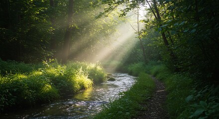 Obraz premium Sun-Kissed Stream of Tranquility: Sunlight streams through lush foliage, illuminating a tranquil stream meandering through a dense forest, creating a serene and ethereal landscape.