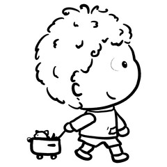 Curly hair boy pulling small trolley cartoon outline drawing