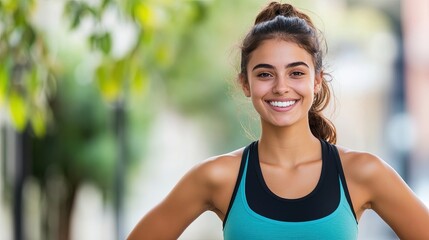 Fototapeta premium Confident athletic woman standing in urban setting, smiling and ready for a workout 