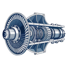 Create a bold, vector illustration of a cutaway gas turbine engine, showcasing internal components with thick, defined strokes.  Prioritize clarity and technical accuracy. © takasan