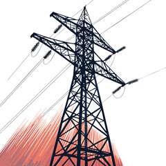 Create a vector illustration of a bold-stroke, high-voltage transmission tower, emphasizing strong lines and industrial design.