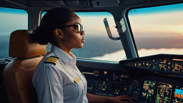 Elegant woman in pilot uniform piloting airplane with control panel during flight. Confident female pilot in cockpit. Aviation profession and air transportation concept.