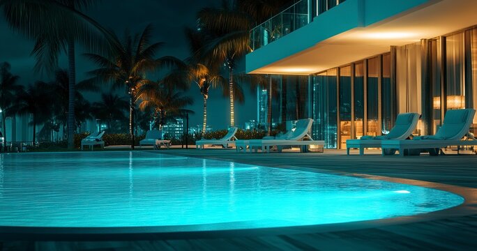 Landscape of a luxury hotel with a swimming pool in Miami Beach, Florida at night. Luxury beach resort and vacation concept. Stock photo with 2/3 of the image reserved for text placement, such as All 