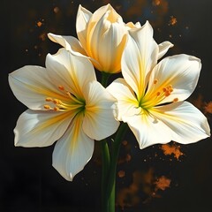 Fototapeta premium Abstract Dynamic motion, dreamlike surreal painting White flowers with golden accents, close-up view, intricate details, dark background with gold splashes art illustration design