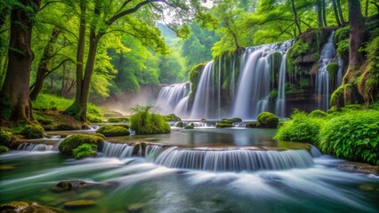 Fototapeta premium Serene Waterfall Cascading Through Lush Green Forest, a Tranquil Oasis of Nature's Beauty