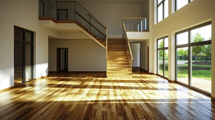 Modern foyer with wooden staircase and large windows