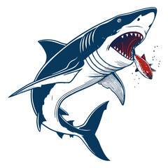 Create a vector illustration of a bold-stroked Megalodon shark aggressively attacking its prey.  Show sharp teeth and dynamic movement.