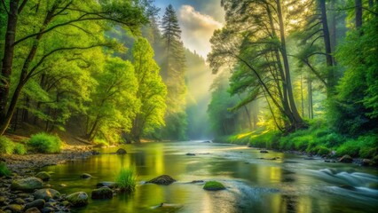 Obraz premium Serene River Flowing Through a Lush, Misty Forest at Dawn, Sunlight Filtering Through the Canopy, Creating a Magical Atmosphere