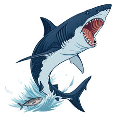 Obraz premium Create a vector illustration of a bold-stroked megalodon shark aggressively attacking its prey. Focus on powerful lines and high contrast.