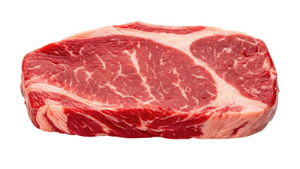 A marbled piece of raw ribeye steak showcasing rich red meat and white fat interspersed throughout.