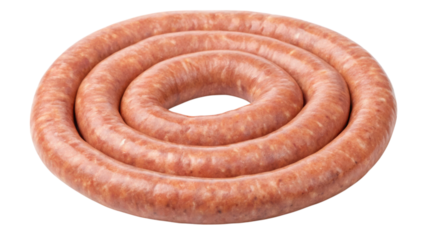 A coiled sausage placed in a spiral formation showcasing its texture and color.