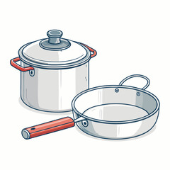 Create a bold, vector illustration of a complete camp kitchen set, including stove, cookware, utensils, and a table.  Show strong black outlines.