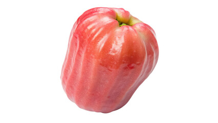 A glossy, ripe fruit with a pinkish-red hue, featuring distinct ridges and a smooth surface.