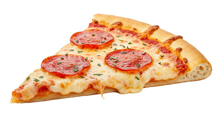 A Delicious Slice Of Pepperoni Pizza With Melting Cheese And Herb Garnish Isolated On Black Backdrop