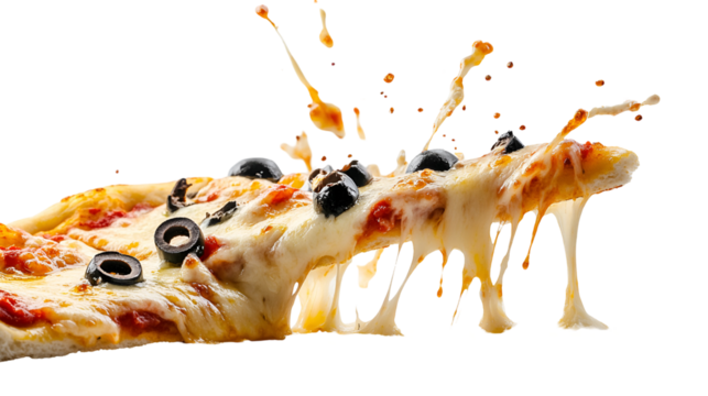 A delectable slice of pepperoni pizza glides through a white background.