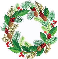 Christmas holly wreath vector illustration with green branches and red berries for holiday decoration